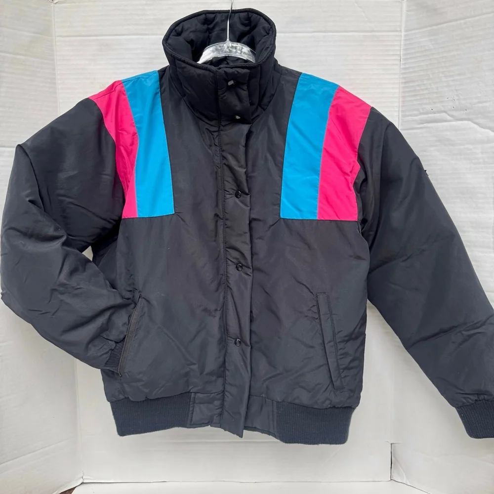 Vintage Olympian Down Ski Jacket Women's M Black 80s 90s Colorblock Puffer Coat - Picture 3 of 10